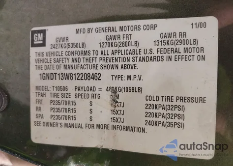 2001 Chevrolet Blazer Lt z USA, uszkodzony, nr VIN 1GNDT13W812208462